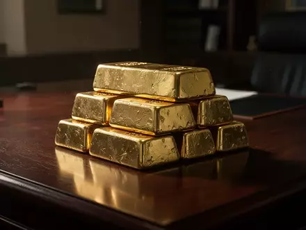 Gestapelte Goldbarren auf einem dunklen Schreibtisch bei gedimmter Beleuchtung. - Foto: über boerse-global.de