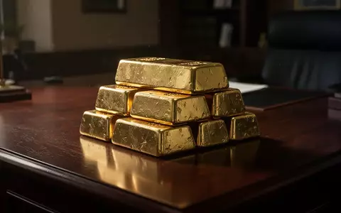 Gestapelte Goldbarren auf einem dunklen Schreibtisch bei gedimmter Beleuchtung. - Foto: über boerse-global.de