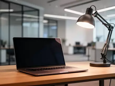 Ein moderner, minimalistischer Arbeitsplatz mit einem Laptop mit dunklem Bildschirm auf einem Holztisch in einem Büro. - Foto: über boerse-global.de