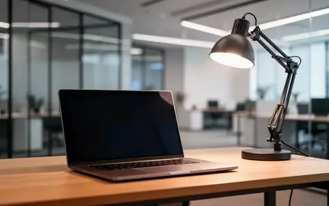 Ein moderner, minimalistischer Arbeitsplatz mit einem Laptop mit dunklem Bildschirm auf einem Holztisch in einem Büro. - Foto: über boerse-global.de
