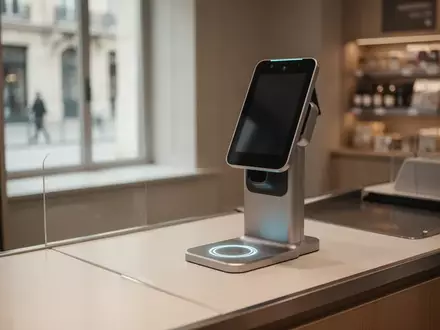 Ein biometrisches Bezahlterminal mit Handflächenscanner auf einem modernen Ladentresen. - Foto: über boerse-global.de