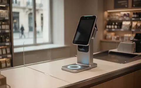 Ein biometrisches Bezahlterminal mit Handflächenscanner auf einem modernen Ladentresen. - Foto: über boerse-global.de