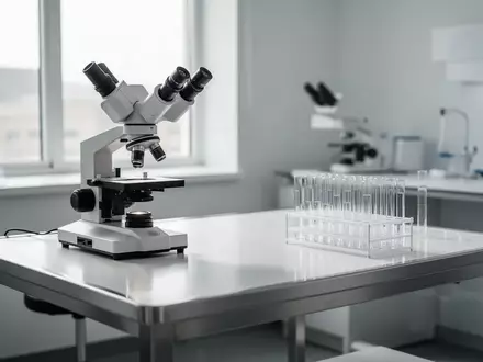 Ein minimalistischer, heller medizinischer Arbeitsplatz in einem Labor mit sterilen Teströhrchen und einem Mikroskop. - Foto: über boerse-global.de