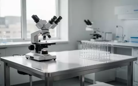 Ein minimalistischer, heller medizinischer Arbeitsplatz in einem Labor mit sterilen Teströhrchen und einem Mikroskop. - Foto: über boerse-global.de