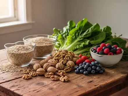 Ein hölzerner Küchentisch mit einer Auswahl an frischem Obst, Gemüse, Vollkornprodukten und Nüssen bei natürlichem Tageslicht. - Foto: über boerse-global.de