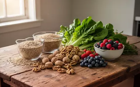 Ein hölzerner Küchentisch mit einer Auswahl an frischem Obst, Gemüse, Vollkornprodukten und Nüssen bei natürlichem Tageslicht. - Foto: über boerse-global.de