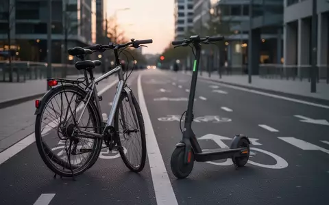 Ein Fahrrad und ein E-Scooter stehen nebeneinander auf einem leeren Radweg in einer modernen städtischen Umgebung. - Foto: über boerse-global.de