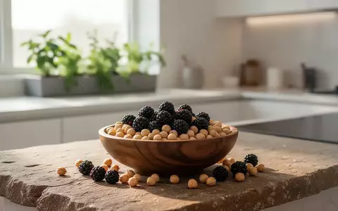 Frische Brombeeren und Kichererbsen in einer Holzschale auf einer Küchenarbeitsplatte mit unscharfem Kräutergarten im Hintergrund. - Foto: über boerse-global.de