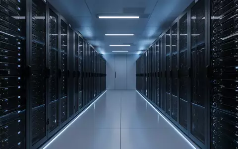 Ein modernes, in kühles blaues Licht getauchtes Rechenzentrum mit sauberen Server-Racks in einer symmetrischen Anordnung. - Foto: über boerse-global.de