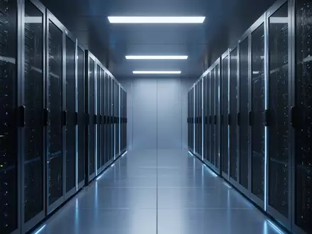 Ein moderner Serverraum mit blauer Beleuchtung und symmetrischen Server-Racks in einer professionellen IT-Umgebung. - Foto: über boerse-global.de