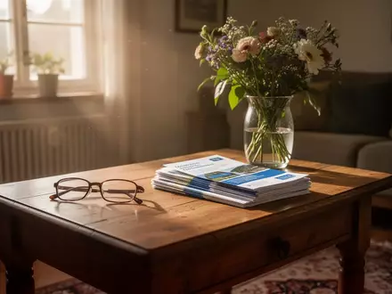 Ein sonnendurchfluteter Wohnraum mit einem Holztisch, einer Brille und Informationsbroschüren zur häuslichen Pflege. - Foto: über boerse-global.de