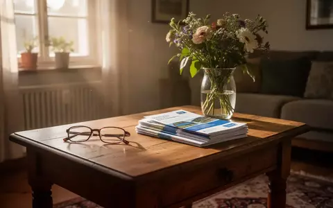 Ein sonnendurchfluteter Wohnraum mit einem Holztisch, einer Brille und Informationsbroschüren zur häuslichen Pflege. - Foto: über boerse-global.de