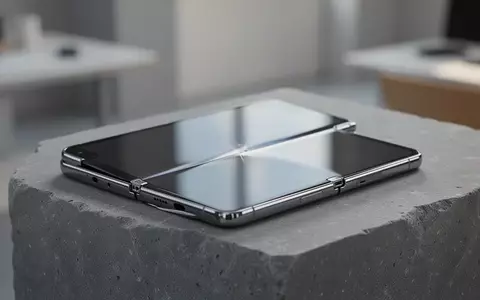 Ein faltbares Smartphone mit einem nahtlosen, faltenfreien Display auf einer minimalistischen Steinoberfläche. - Foto: über boerse-global.de