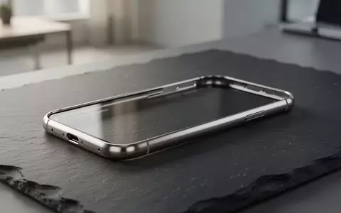 Ein minimalistischer Rahmen eines hochwertigen Smartphones aus gebürstetem Titan auf einer dunklen Schieferoberfläche. - Foto: über boerse-global.de