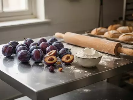 Frische Zwetschgen und Backzutaten auf einer Edelstahl-Arbeitsfläche in einer Profiküche. - Foto: über boerse-global.de