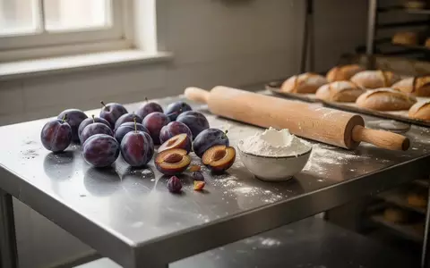 Frische Zwetschgen und Backzutaten auf einer Edelstahl-Arbeitsfläche in einer Profiküche. - Foto: über boerse-global.de