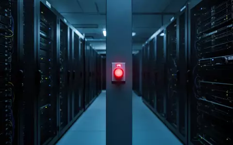 Ein beleuchteter Not-Aus-Schalter in einem dunklen, modernen Serverraum. - Foto: über boerse-global.de