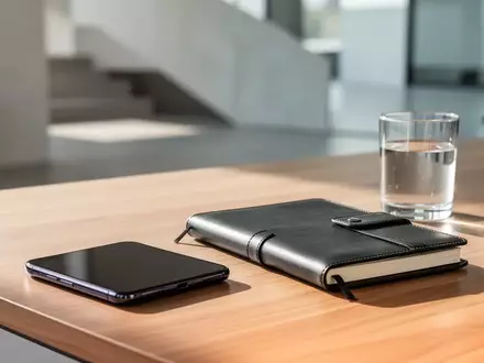 Ein minimalistischer Schreibtisch mit einem ausgeschalteten Smartphone und einem analogen Planer in natürlichem Licht. - Foto: über boerse-global.de