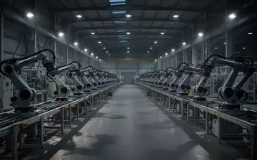 Leere, stille Fertigungshalle einer Industrieanlage mit unbesetzten Montagelinien in der Dämmerung. - Foto: über boerse-global.de