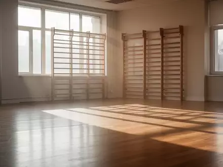 Ein heller, minimalistischer Trainingsraum für Selbstverteidigung mit Holzboden und Sprossenwand im sanften Tageslicht. - Foto: über boerse-global.de