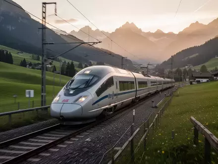 Ein moderner Hochgeschwindigkeitszug fährt durch eine alpine Landschaft in der Abenddämmerung. - Foto: über boerse-global.de