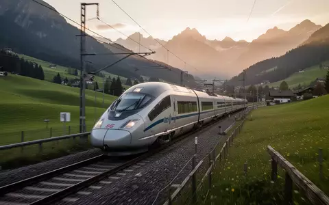 Ein moderner Hochgeschwindigkeitszug fährt durch eine alpine Landschaft in der Abenddämmerung. - Foto: über boerse-global.de