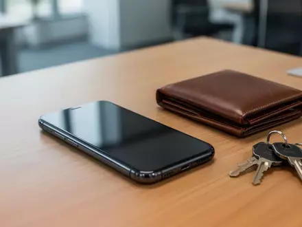Ein Smartphone mit ausgeschaltetem Display liegt neben einer Geldbörse auf einem Schreibtisch in einem Büro. - Foto: über boerse-global.de