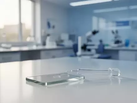 Ein steriles, modernes medizinisches Labor mit einem leeren Objektträger auf einem weißen Tisch bei Tageslicht. - Foto: über boerse-global.de