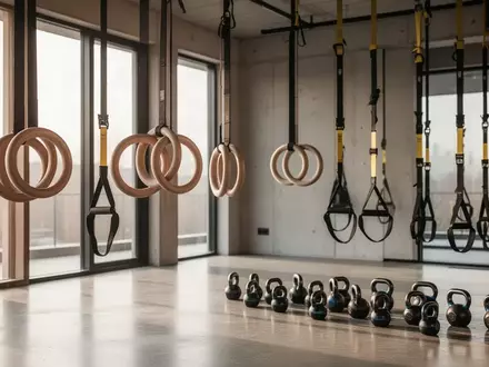 Hängende Schlingentrainer und Fitnessgeräte in einem modernen, hellen Trainingsraum mit Holzboden. - Foto: über boerse-global.de