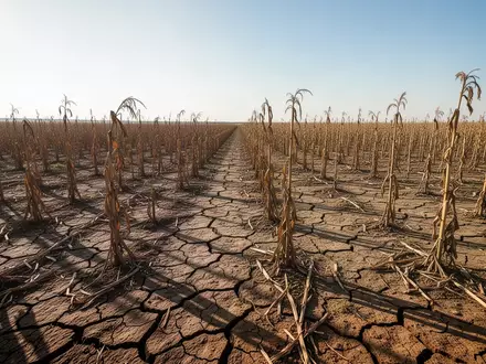Ein ausgetrocknetes, rissiges Feld mit verdorrten Getreideresten unter einem weiten, hellen Himmel. - Foto: über boerse-global.de