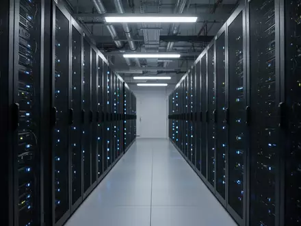 Modernes Rechenzentrum mit Server-Racks und blauer LED-Beleuchtung in einer professionellen Industrieumgebung. - Foto: über boerse-global.de
