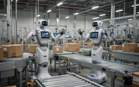 Zwei humanoide Roboter an einer automatisierten Packstation in einem südkoreanischen Logistikzentrum. - Foto: über boerse-global.de