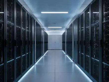 Modernes Rechenzentrum mit Server-Racks und kühler, bläulicher Beleuchtung in einer industriellen Umgebung. - Foto: über boerse-global.de