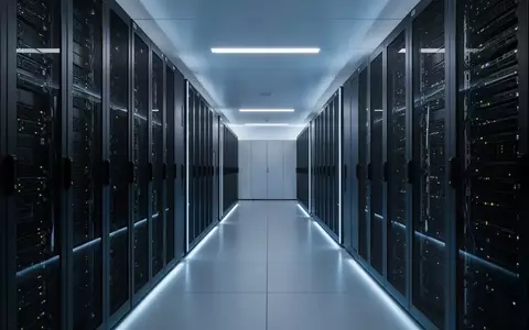 Modernes Rechenzentrum mit Server-Racks und kühler, bläulicher Beleuchtung in einer industriellen Umgebung. - Foto: über boerse-global.de