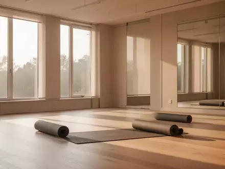 Ein heller, minimalistisch gestalteter Gymnastikraum mit aufgerollten Yogamatten und warmem Tageslicht. - Foto: über boerse-global.de