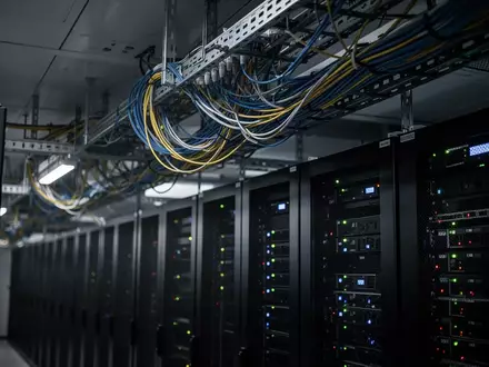 Dunkler Serverraum mit Netzwerkschränken und beleuchteten Kabeltrassen als Symbol für Cybersicherheit. - Foto: über boerse-global.de