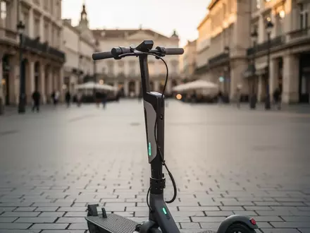 Ein abgestellter E-Scooter auf dem Kopfsteinpflaster einer leeren Fußgängerzone in einer historischen Stadt. - Foto: über boerse-global.de