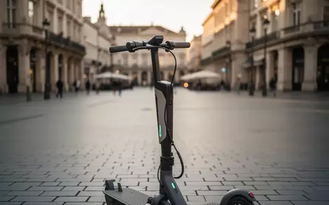 Ein abgestellter E-Scooter auf dem Kopfsteinpflaster einer leeren Fußgängerzone in einer historischen Stadt. - Foto: über boerse-global.de