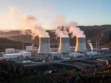 Geothermiekraftwerk in einer bergigen Landschaft bei Sonnenuntergang. - Foto: über boerse-global.de
