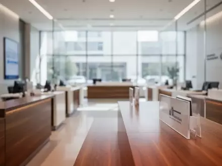 Modernes Bankinterieur in minimalistischem Stil mit natürlichem Lichteinfall und leeren Schaltern. - Foto: über boerse-global.de