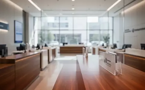 Modernes Bankinterieur in minimalistischem Stil mit natürlichem Lichteinfall und leeren Schaltern. - Foto: über boerse-global.de