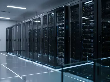 Moderne Serverräume mit dunklen Racks in einem Rechenzentrum unter kühler, blauer Beleuchtung. - Foto: über boerse-global.de