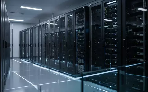Moderne Serverräume mit dunklen Racks in einem Rechenzentrum unter kühler, blauer Beleuchtung. - Foto: über boerse-global.de