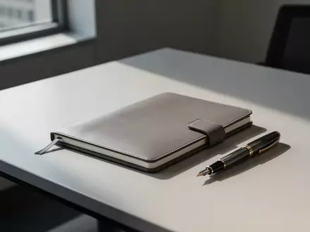 Ein leeres Notizbuch und ein Füllfederhalter auf einem modernen Schreibtisch als Symbol für eine präzise Arbeitszeiterfassung. - Foto: über boerse-global.de