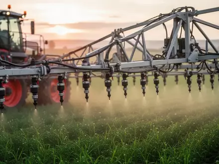 Modernes Pflanzenschutz-Spritzgestänge über einem Feld zur Veranschaulichung moderner Düsentechnik. - Foto: über boerse-global.de
