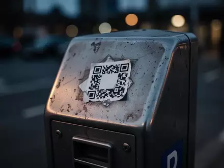 Ein manipulierter QR-Code-Aufkleber auf einer metallischen Oberfläche einer öffentlichen Parkstation. - Foto: über boerse-global.de
