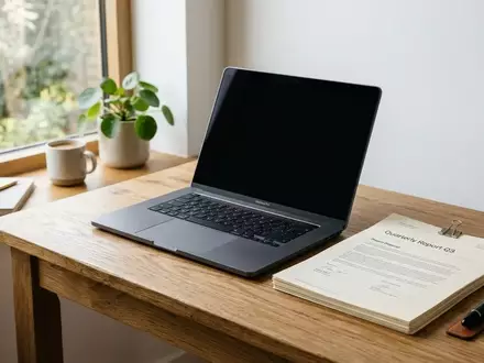 Ein moderner Schreibtisch mit einem Laptop und offiziellen Dokumenten in einer hellen, professionellen Arbeitsumgebung. - Foto: über boerse-global.de