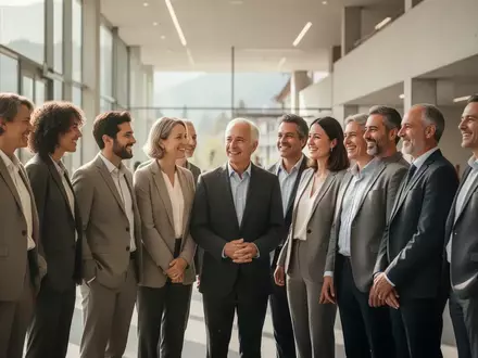 Eine diverse Gruppe von Menschen steht in einem hellen, modernen Gebäude in der Schweiz zusammen. - Foto: über boerse-global.de