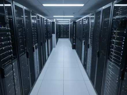 Ein moderner Serverraum mit ordentlich aufgereihten Server-Racks in einer kühlen, technischen Umgebung. - Foto: über boerse-global.de