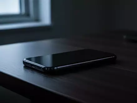 Ein dunkler, minimalistischer Arbeitsplatz mit einem auf dem Display liegenden Smartphone in einer nachdenklichen, schattigen Atmosphäre. - Foto: über boerse-global.de